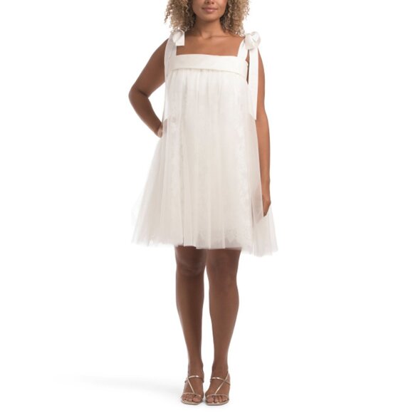 AMSALE White Tulle Tie Shoulder Mini Dress - Picture 1 of 2